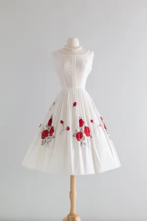 1950's Crisp Cotton Summer Dress With Embroidered Rose Skirt / Small