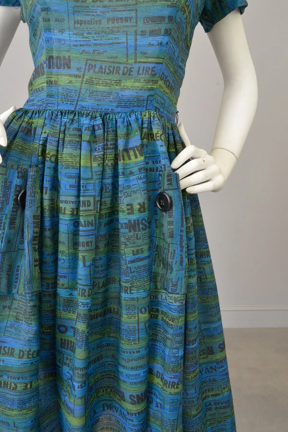 1950s Novelty Print Dress of French Newspaper Advertisements, Pockets, Full Skirt