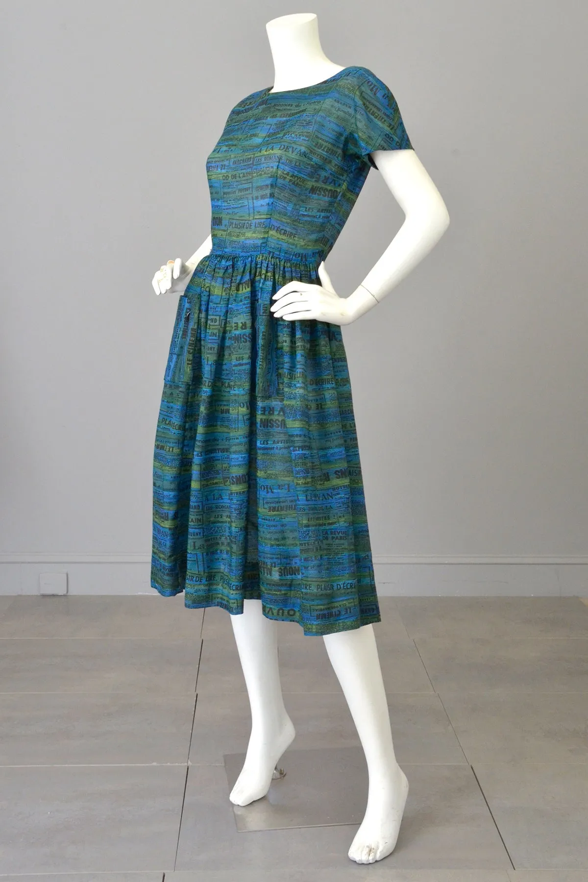 1950s Novelty Print Dress of French Newspaper Advertisements, Pockets, Full Skirt