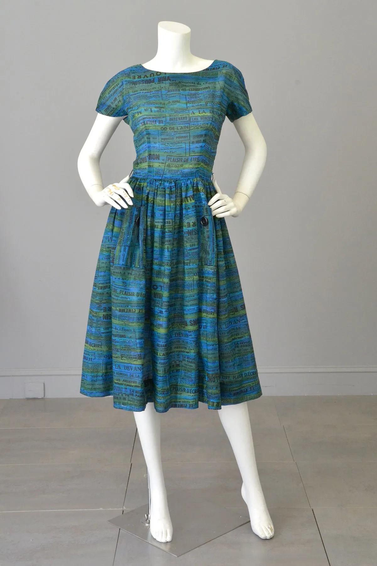 1950s Novelty Print Dress of French Newspaper Advertisements, Pockets, Full Skirt