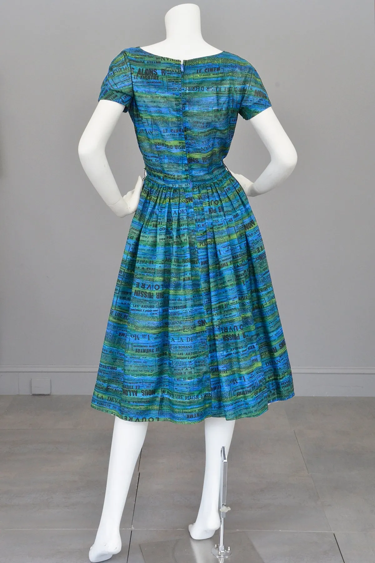 1950s Novelty Print Dress of French Newspaper Advertisements, Pockets, Full Skirt