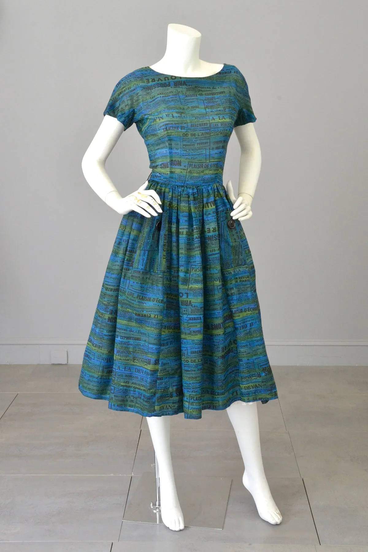 1950s Novelty Print Dress of French Newspaper Advertisements, Pockets, Full Skirt