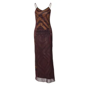 Abstract Brown Print Mesh Summer Dress Sexy Spaghetti Strap V-neck Backless Maxi Dresses Woman 2024 P70-CF30