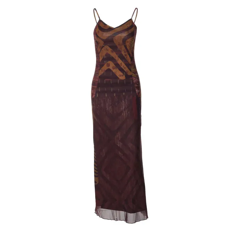 Abstract Brown Print Mesh Summer Dress Sexy Spaghetti Strap V-neck Backless Maxi Dresses Woman 2024 P70-CF30