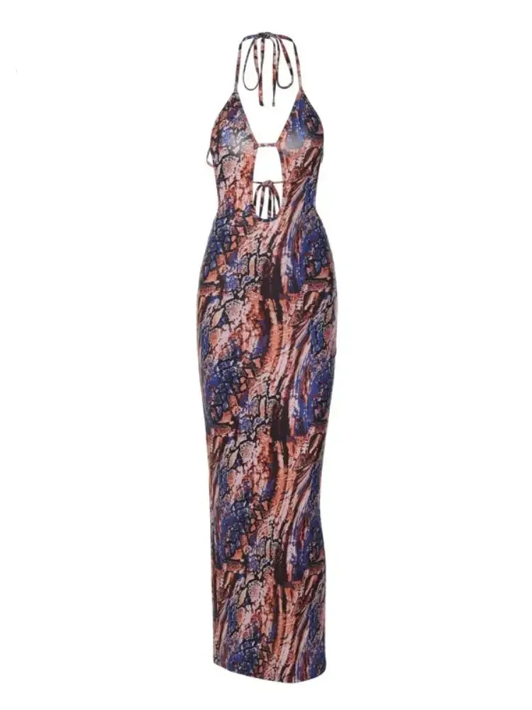 Abstract Print Open Back Halter Maxi Dress Sexy Night Club Outfit for Woman Summer Deep V Bodycon Long Dresses C70BG23