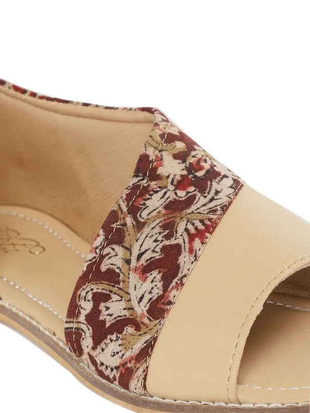 Beige Blossom Kalamkari Blockprinted Open Toe Flats