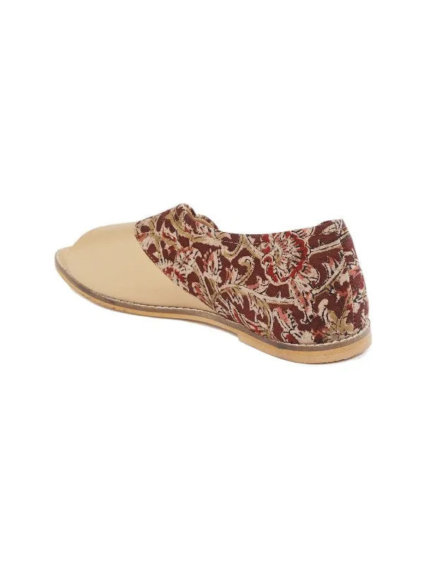 Beige Blossom Kalamkari Blockprinted Open Toe Flats