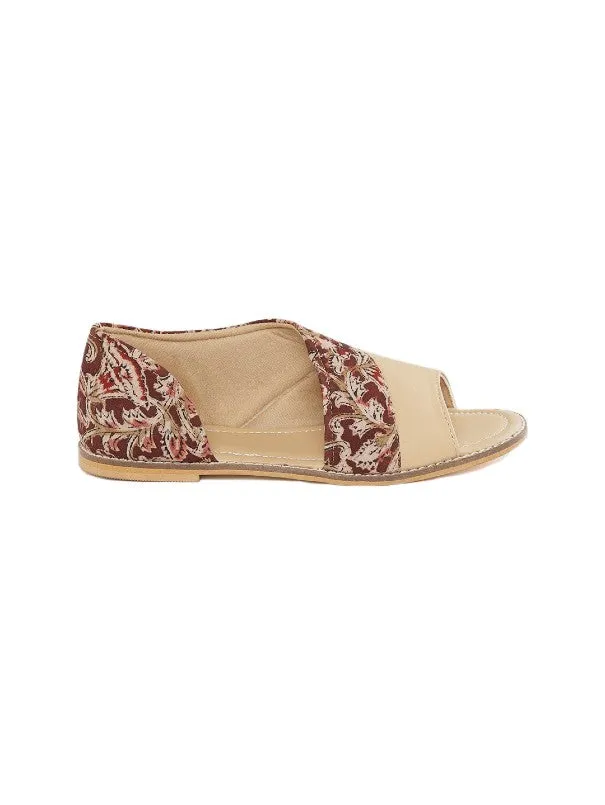 Beige Blossom Kalamkari Blockprinted Open Toe Flats