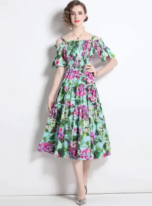 BerryBetty - Bellflower Print Elastic Waist Sling Dress