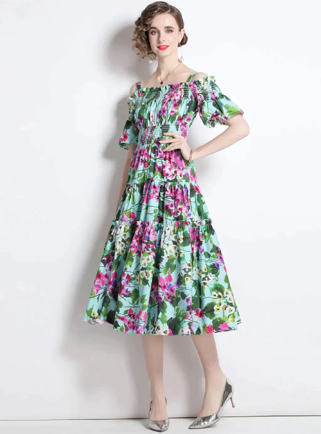 BerryBetty - Bellflower Print Elastic Waist Sling Dress