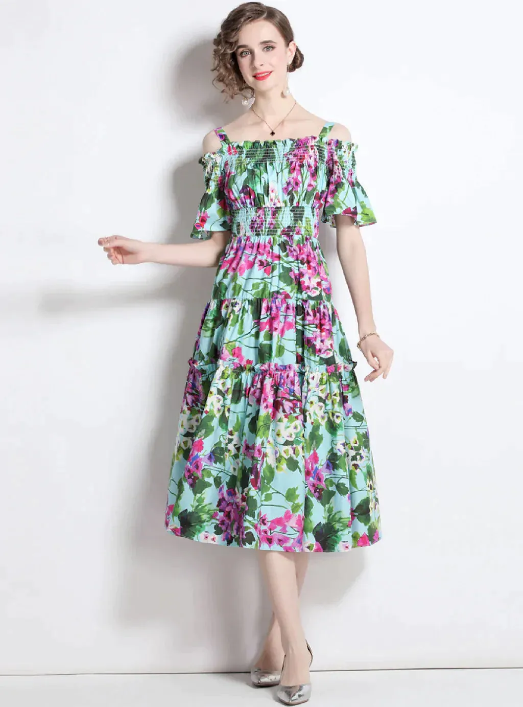 BerryBetty - Bellflower Print Elastic Waist Sling Dress