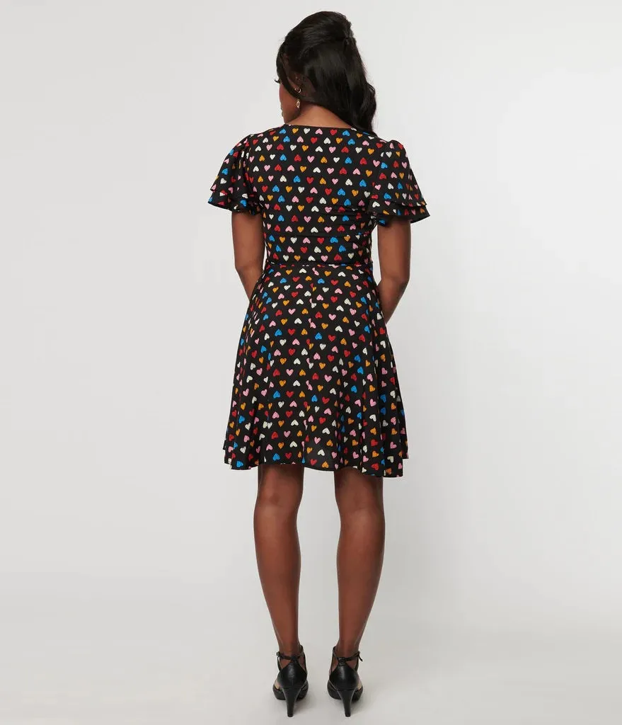 Black and Multicolor Hearts Fit and Flare Zipper Dress