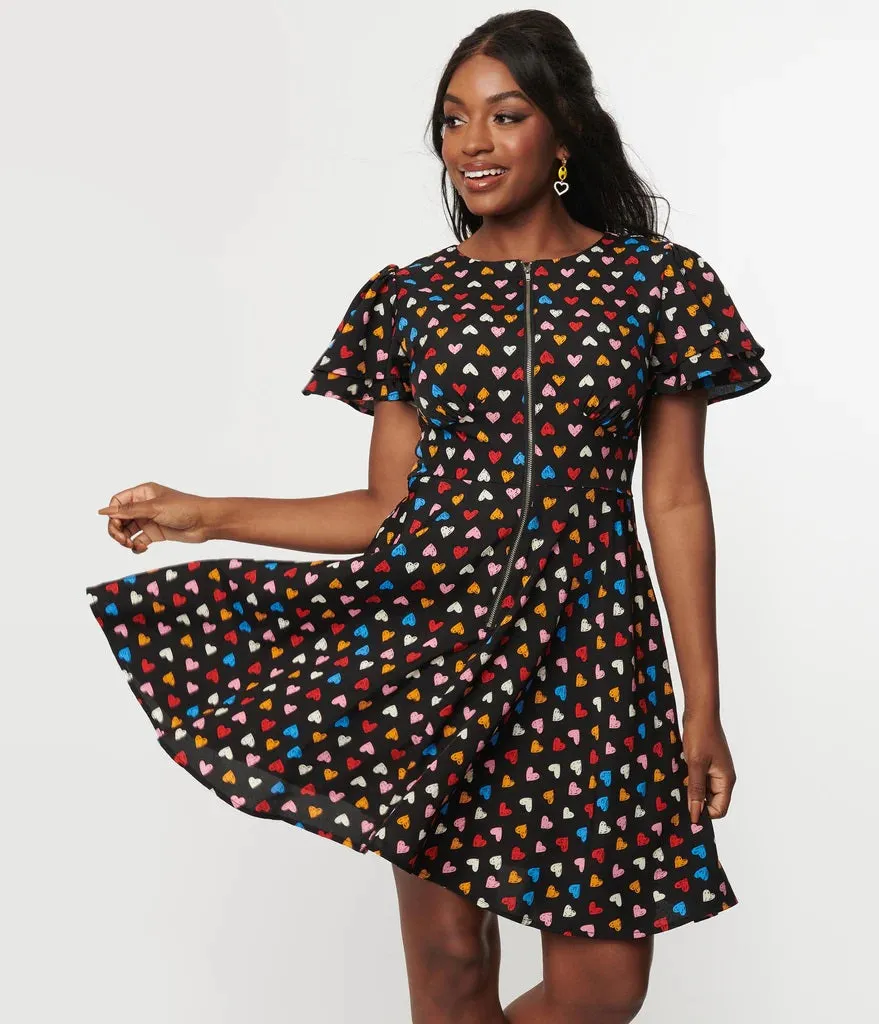 Black and Multicolor Hearts Fit and Flare Zipper Dress