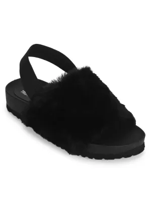 Black Fur Slip Ons With Back Strap