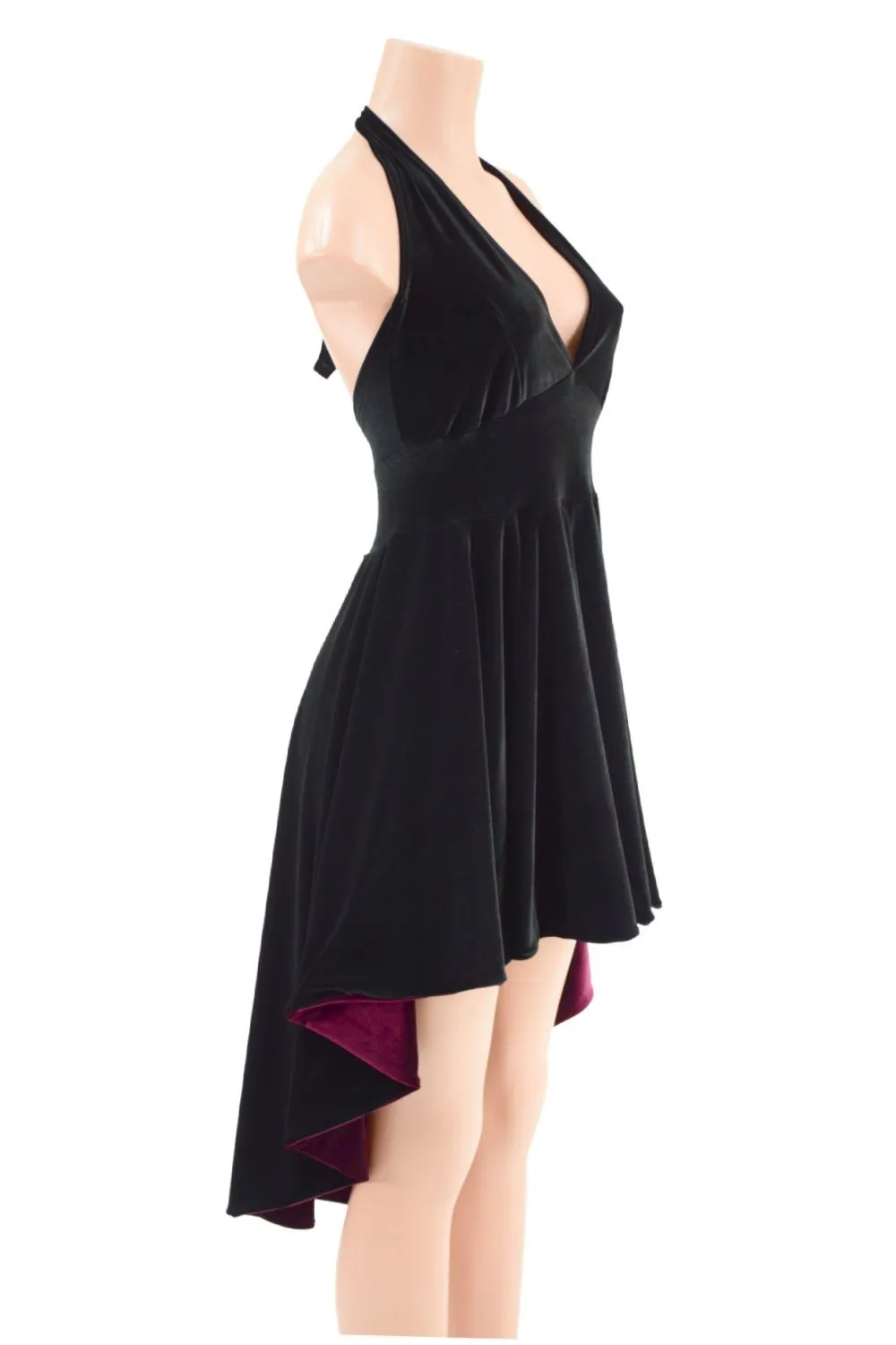 Black Hi Lo Velvet Halter Dress with Burgundy Lined Hemline