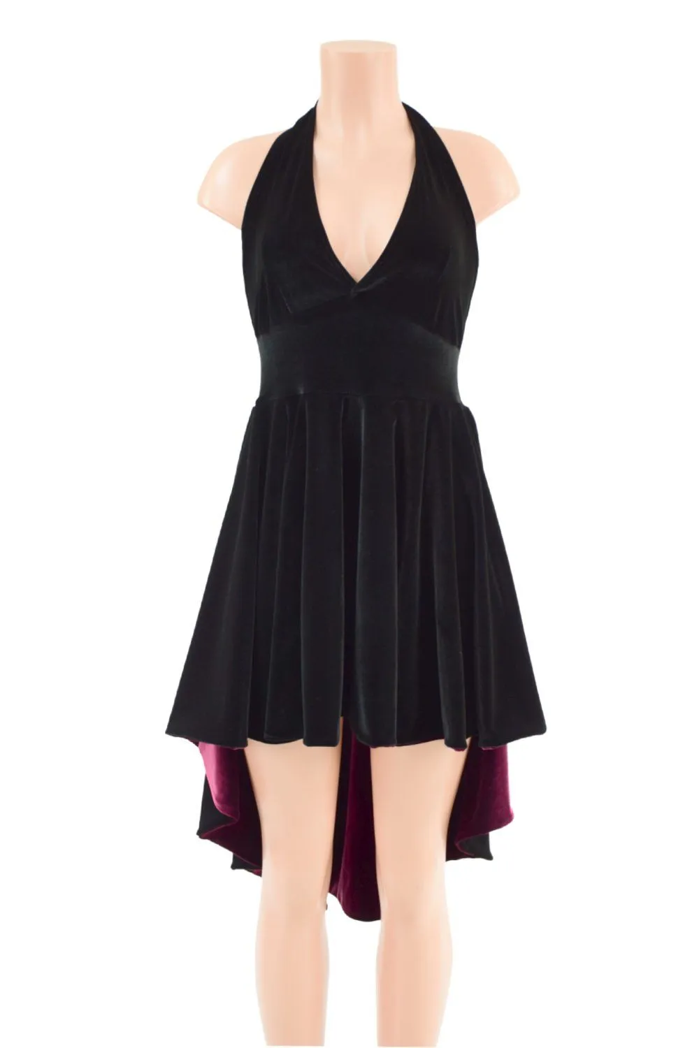 Black Hi Lo Velvet Halter Dress with Burgundy Lined Hemline