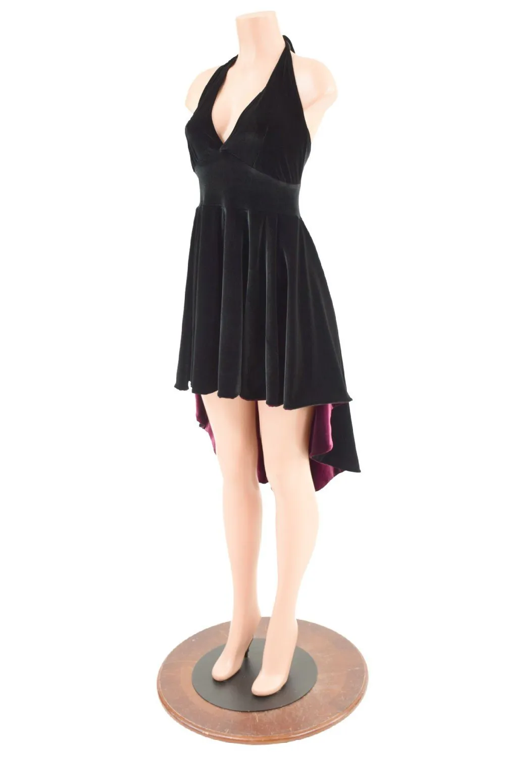 Black Hi Lo Velvet Halter Dress with Burgundy Lined Hemline