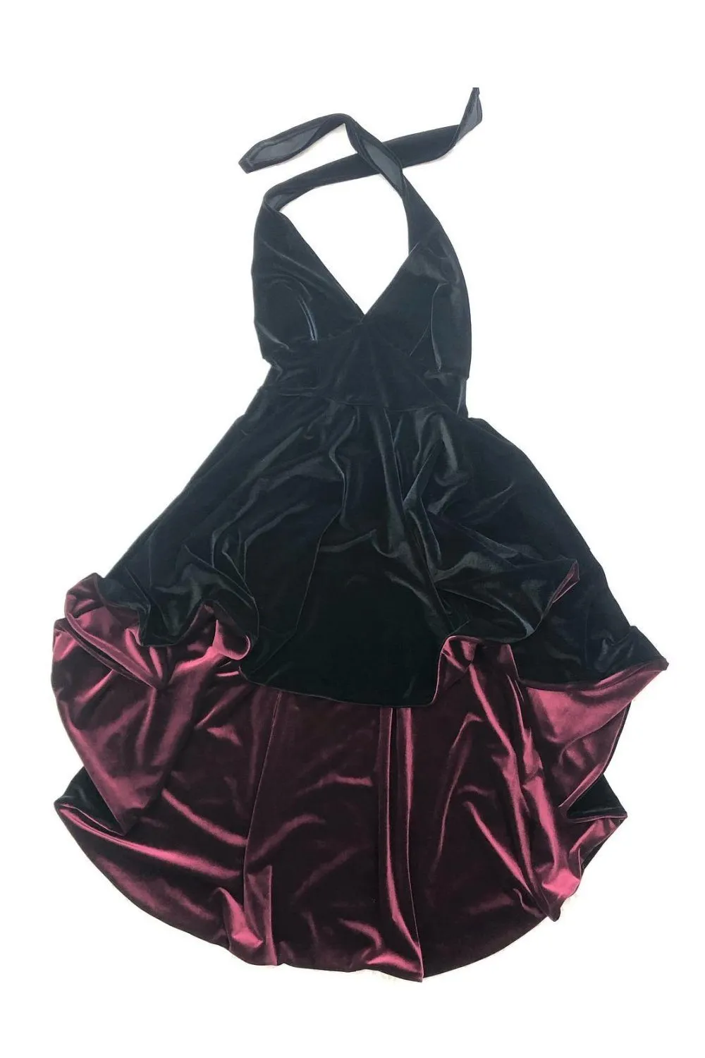 Black Hi Lo Velvet Halter Dress with Burgundy Lined Hemline