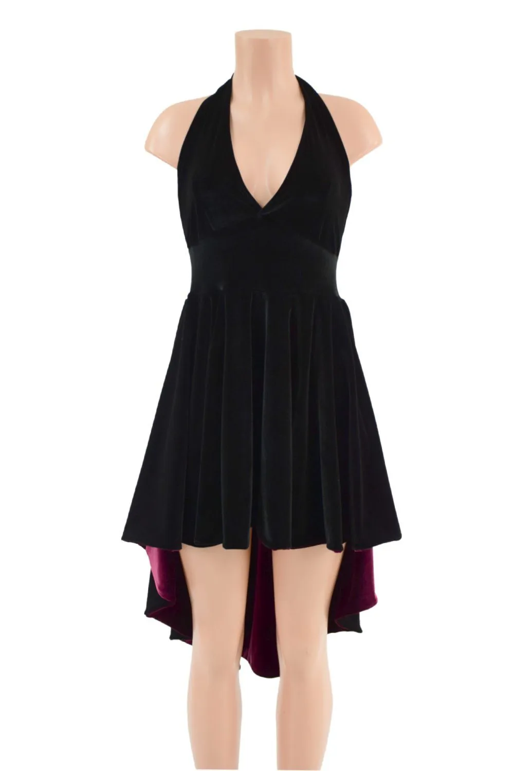 Black Hi Lo Velvet Halter Dress with Burgundy Lined Hemline