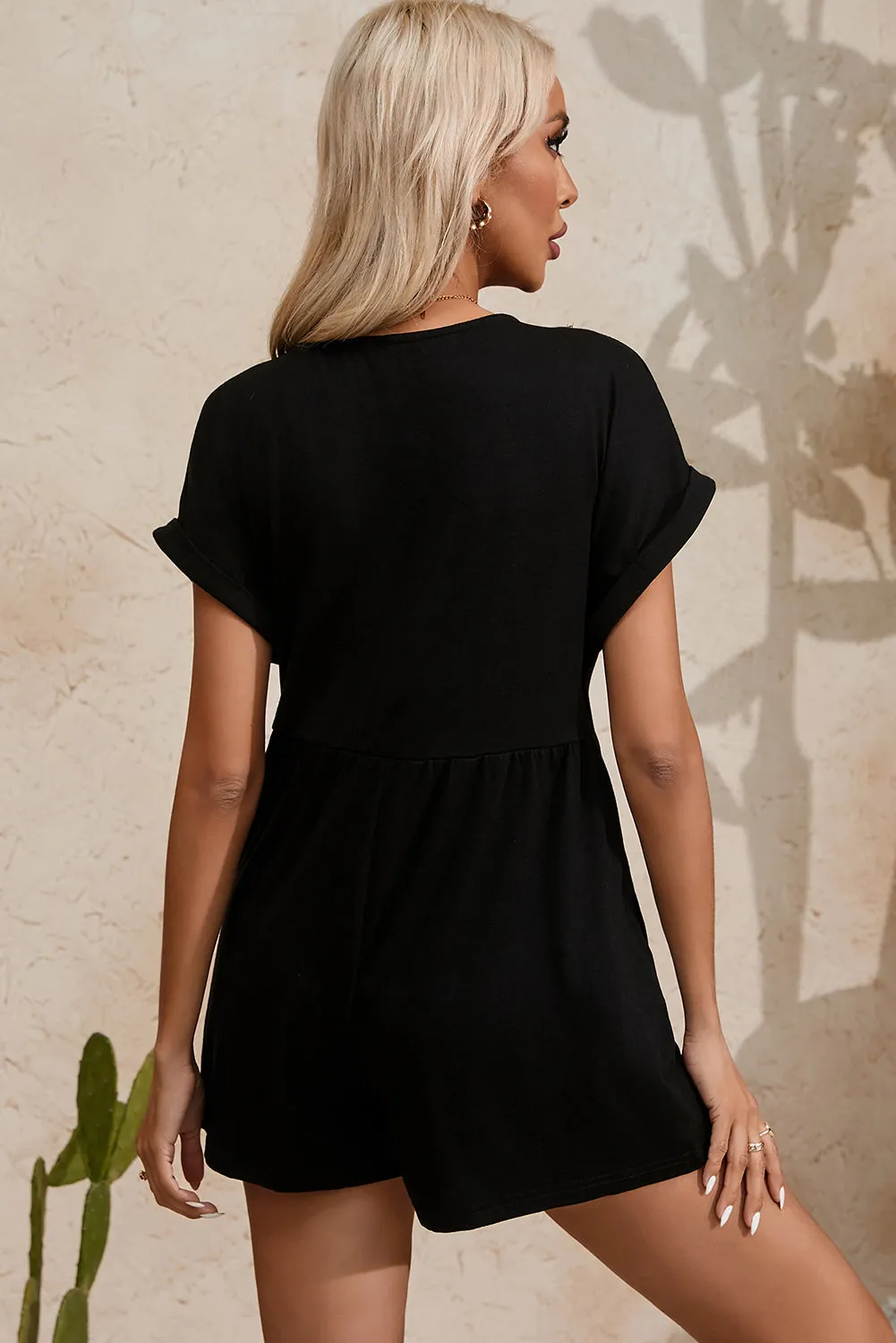 Black V Neck Buttons Loose Cuffed Short Sleeve Romper