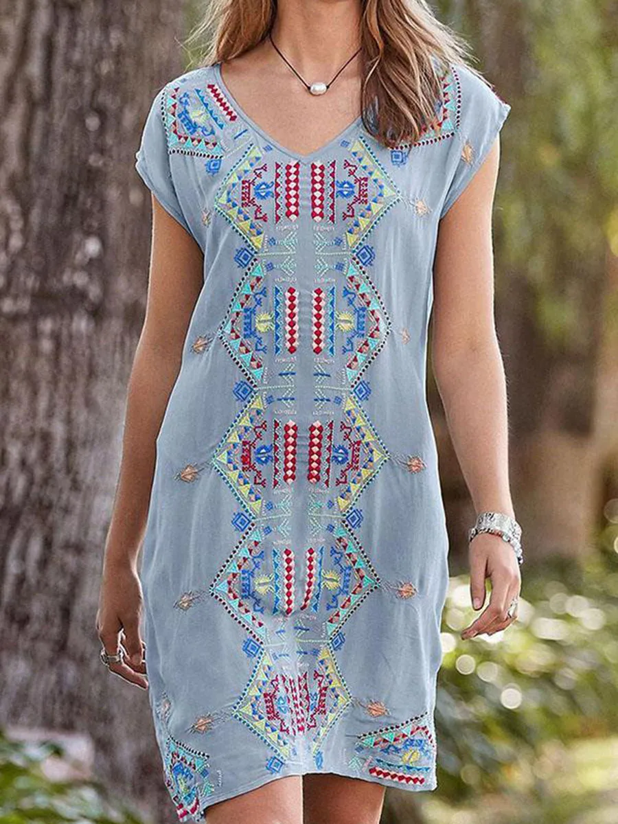 Boho Geometric Short Sleeves Mini Dress