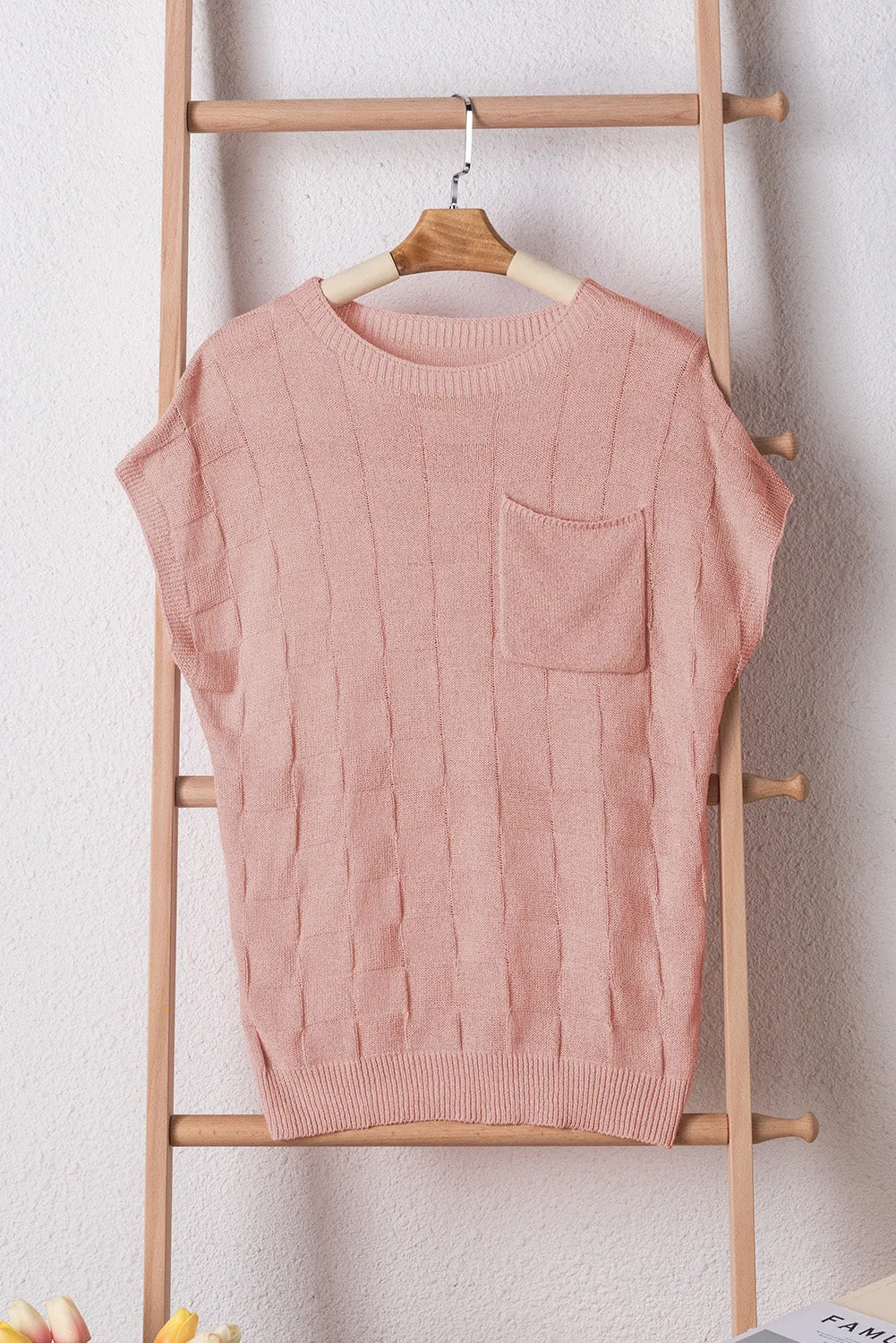 Bright Pink Lattice Textured Knit Short Sleeve Sweater