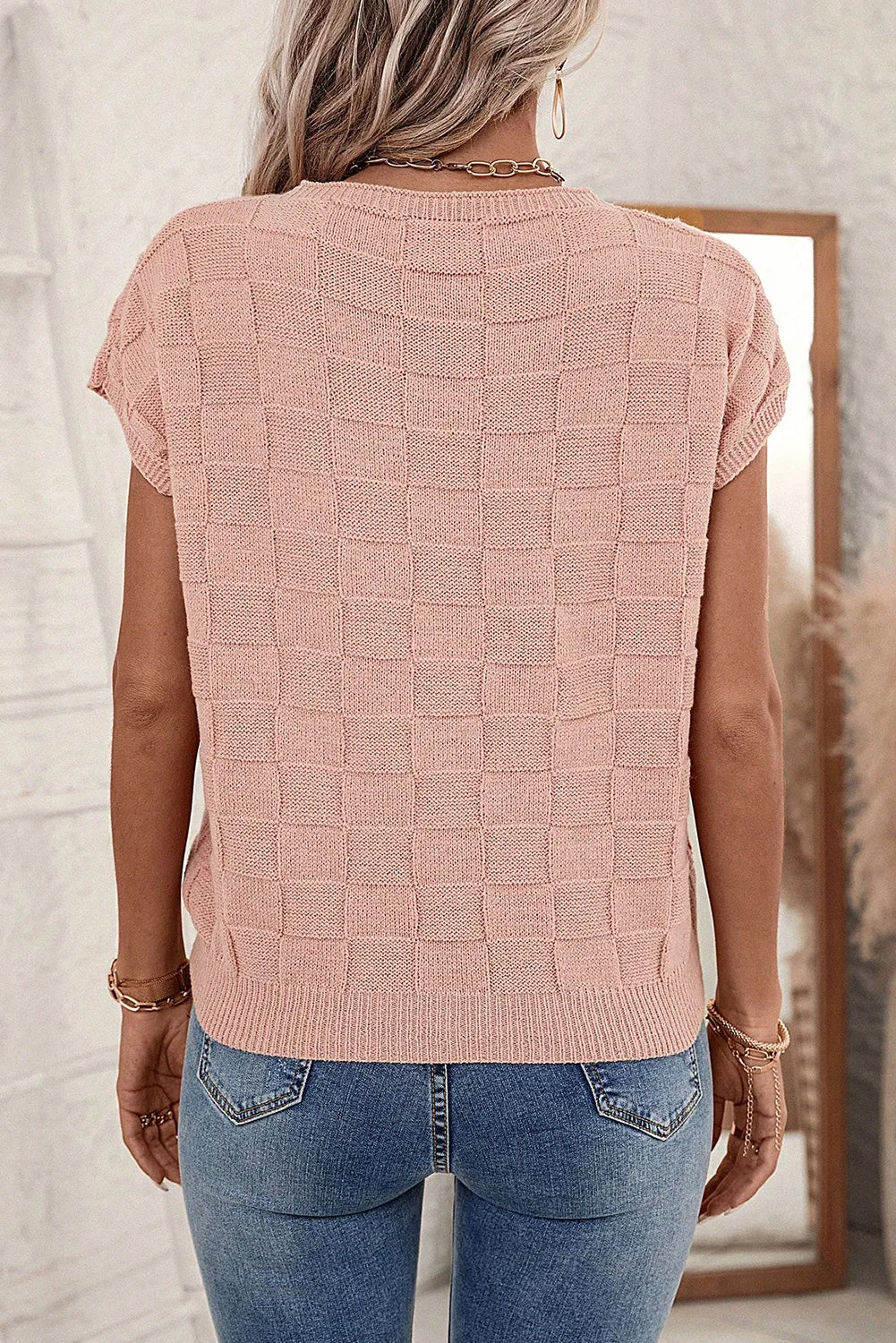 Bright Pink Lattice Textured Knit Short Sleeve Sweater