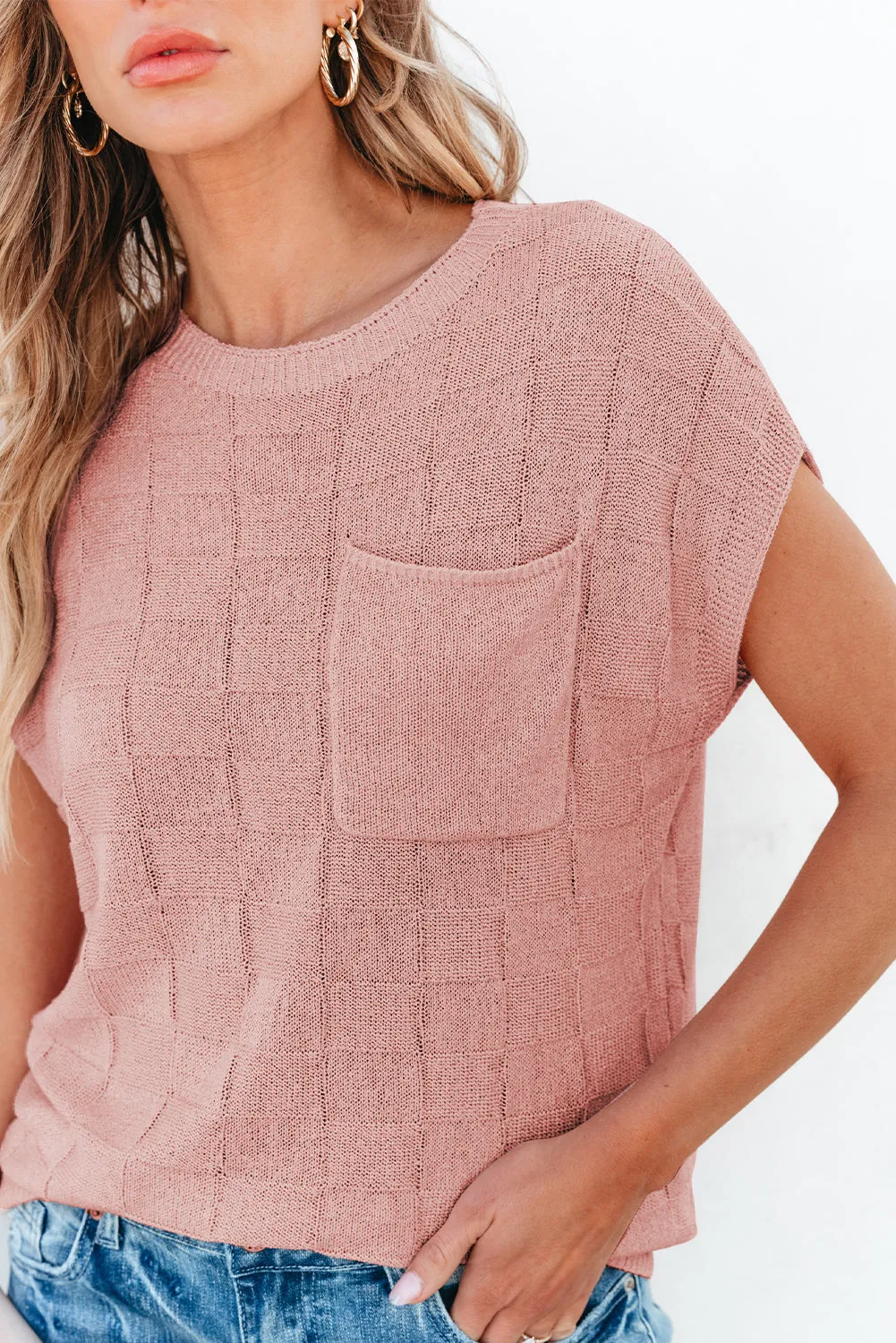 Bright Pink Lattice Textured Knit Short Sleeve Sweater