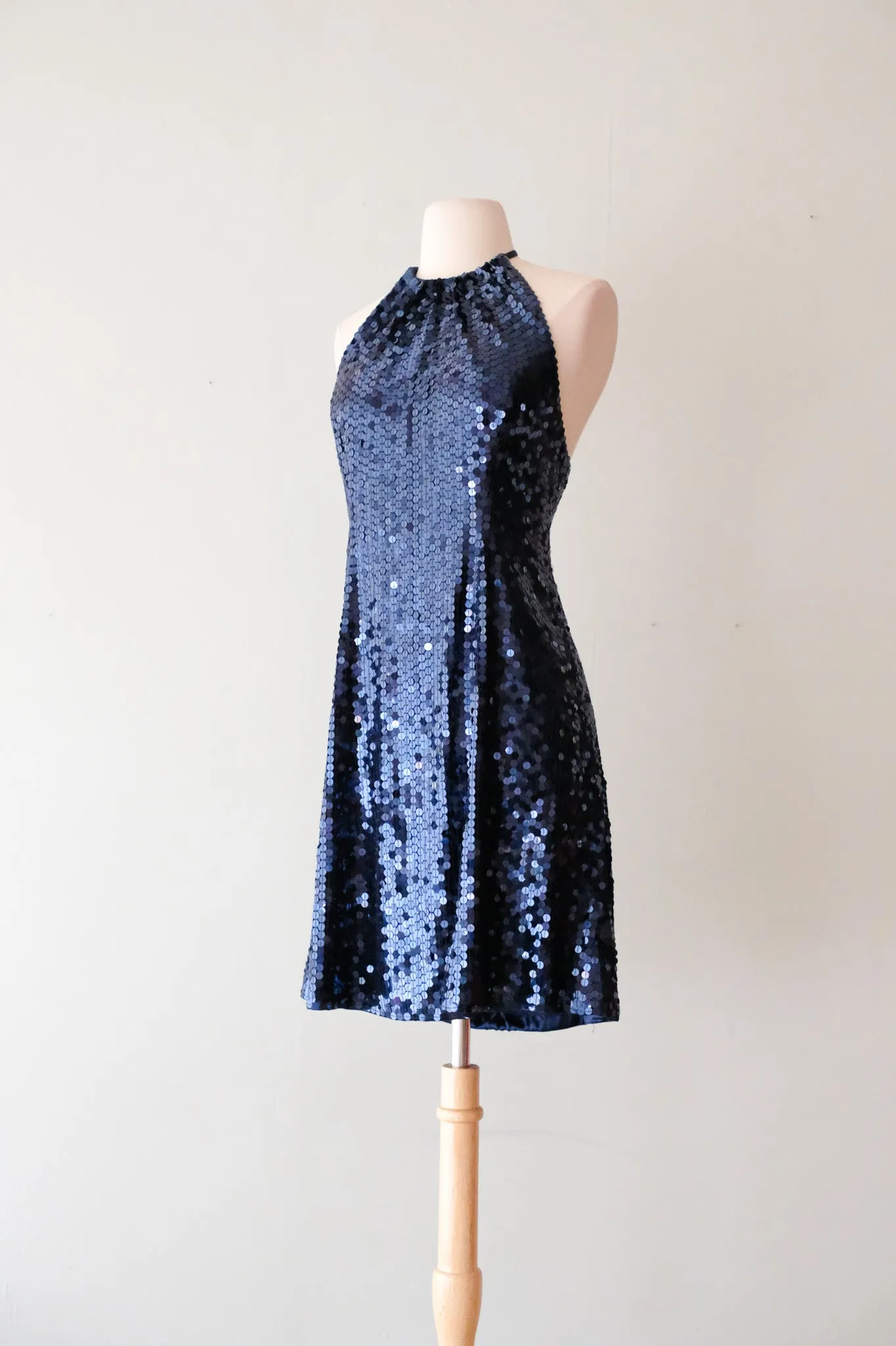 Brilliant 1990's Niteline Navy Sequin Halter Mini Dress/ Sz M