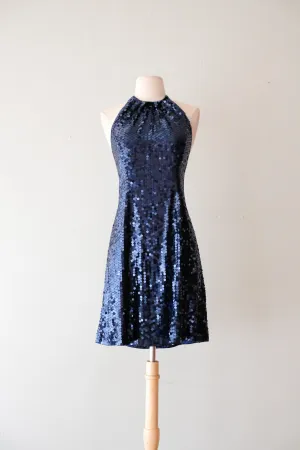 Brilliant 1990's Niteline Navy Sequin Halter Mini Dress/ Sz M