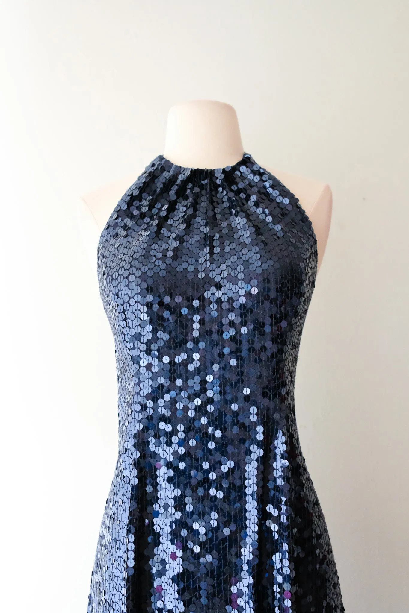 Brilliant 1990's Niteline Navy Sequin Halter Mini Dress/ Sz M