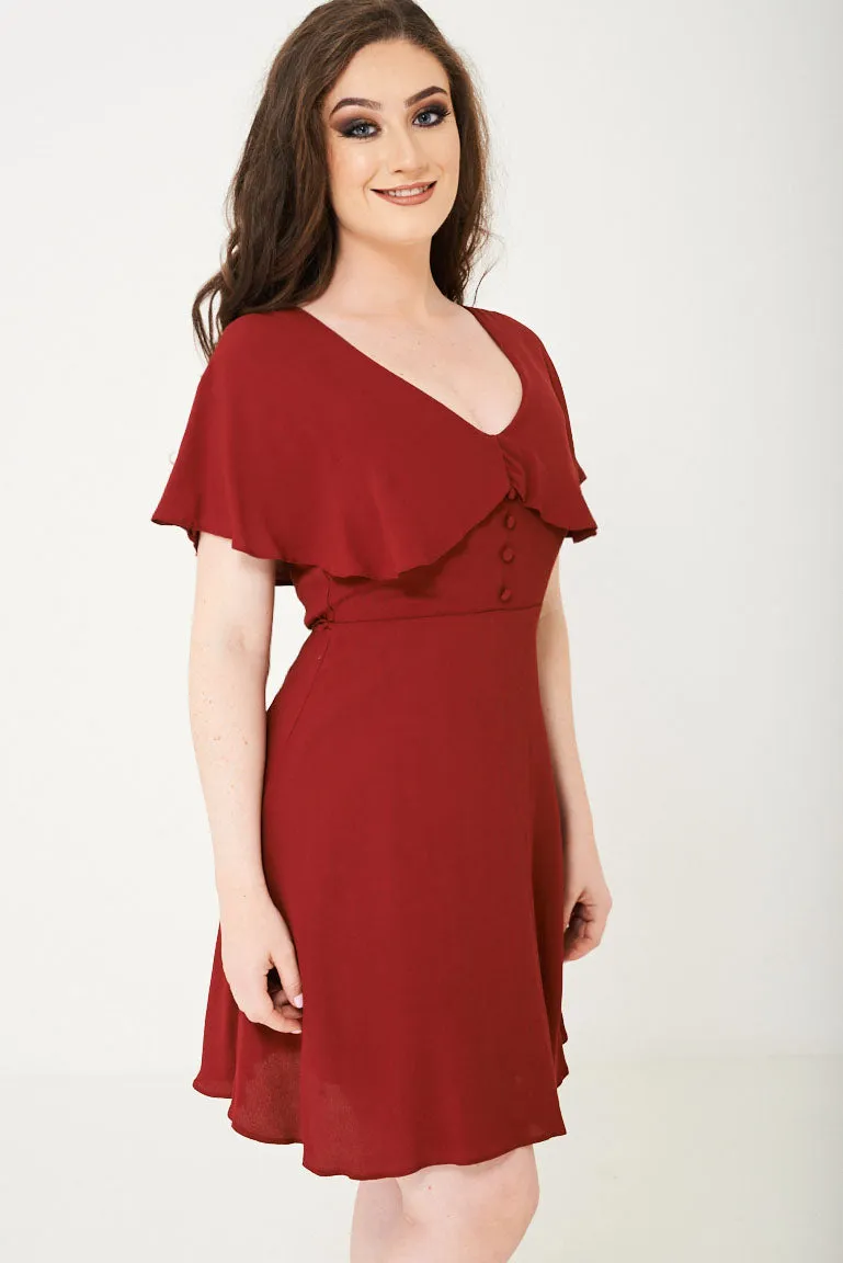 Burgundy Skater Dress With Ruffle Layer Ex Brand