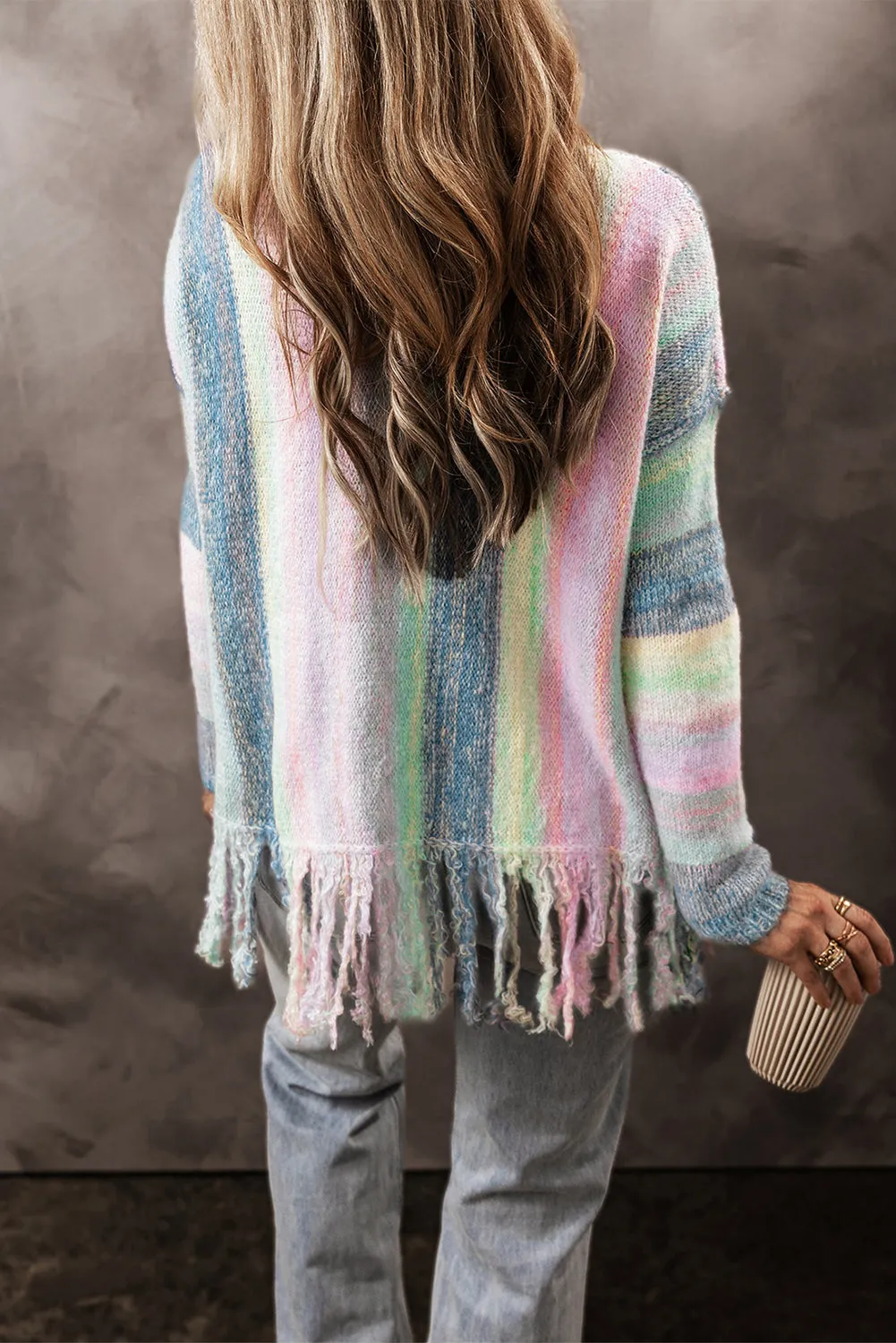 Color Block Fringed Drop Shoulder Tunic Sweater