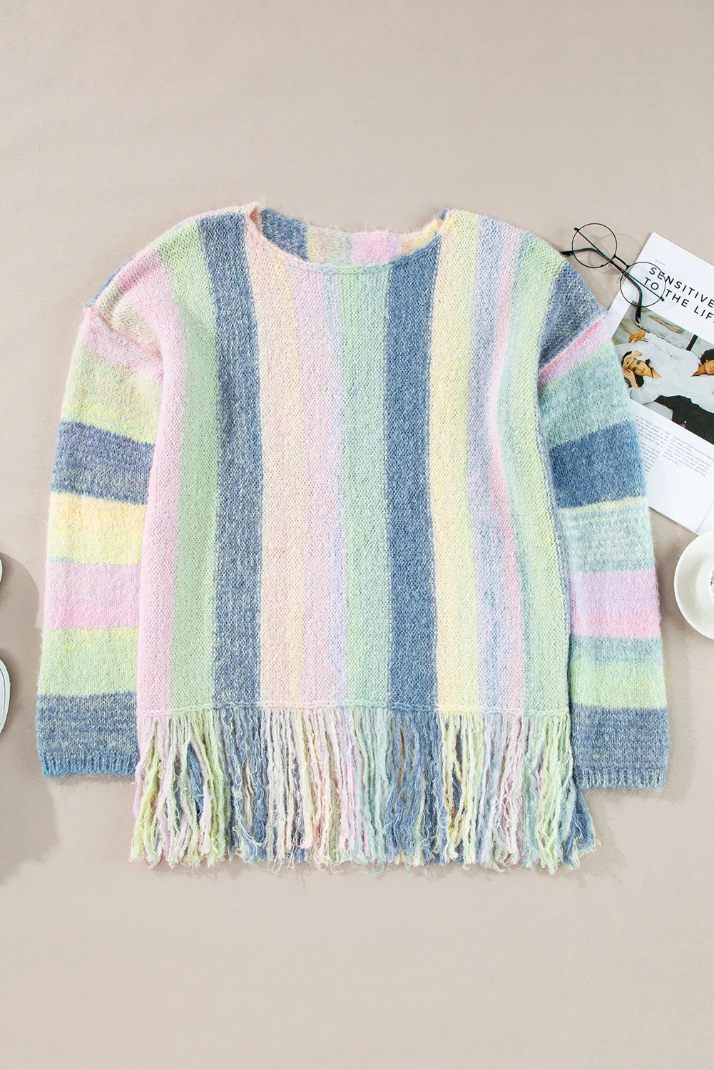 Color Block Fringed Drop Shoulder Tunic Sweater