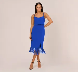 Crepe Popover Midi Dress With Fringe Trim In Royal Sapphire