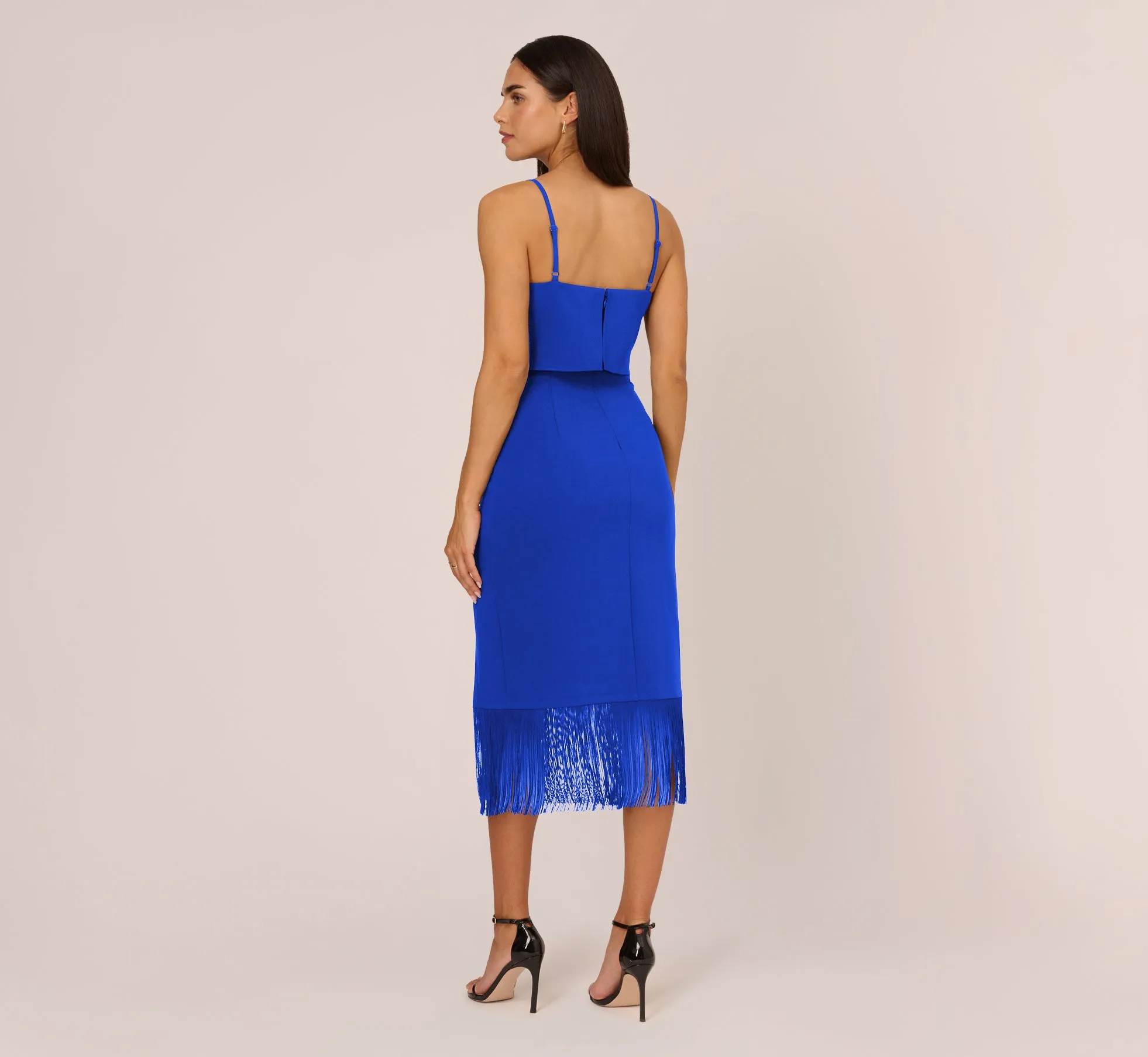 Crepe Popover Midi Dress With Fringe Trim In Royal Sapphire