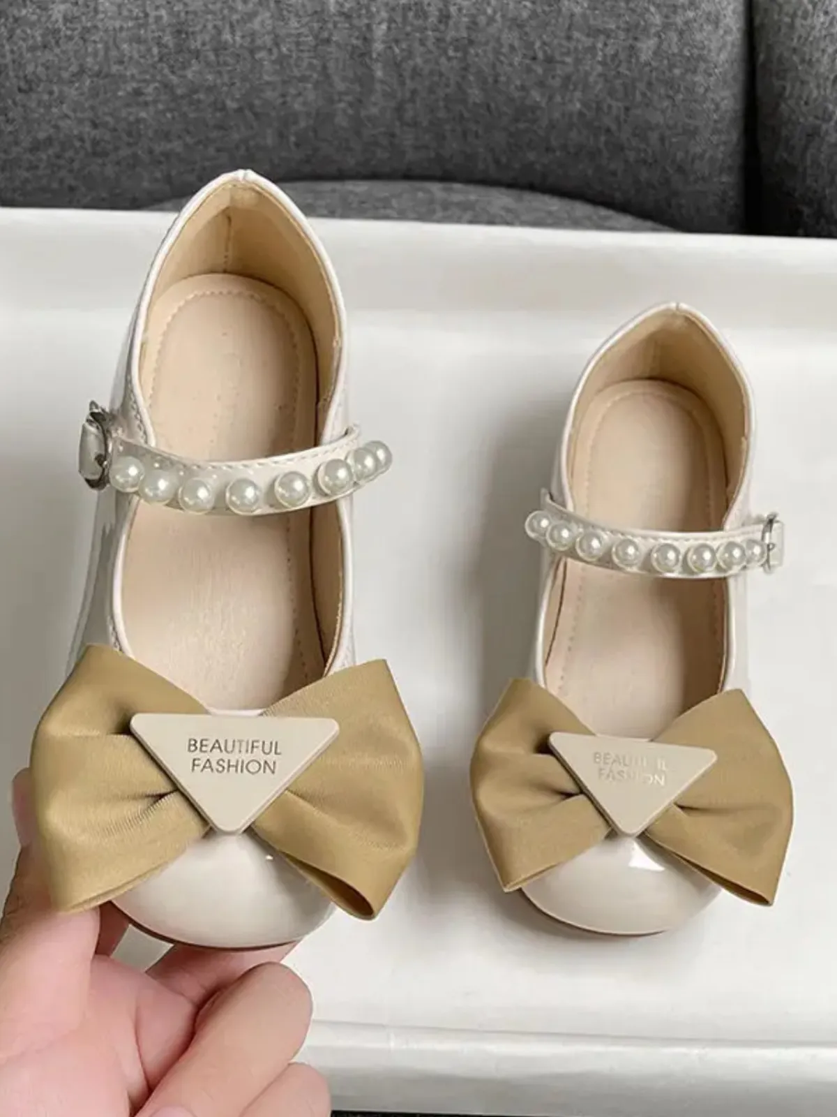 Girls Elegant Bow & Pearl Mary Jane Flats By Liv and Mia