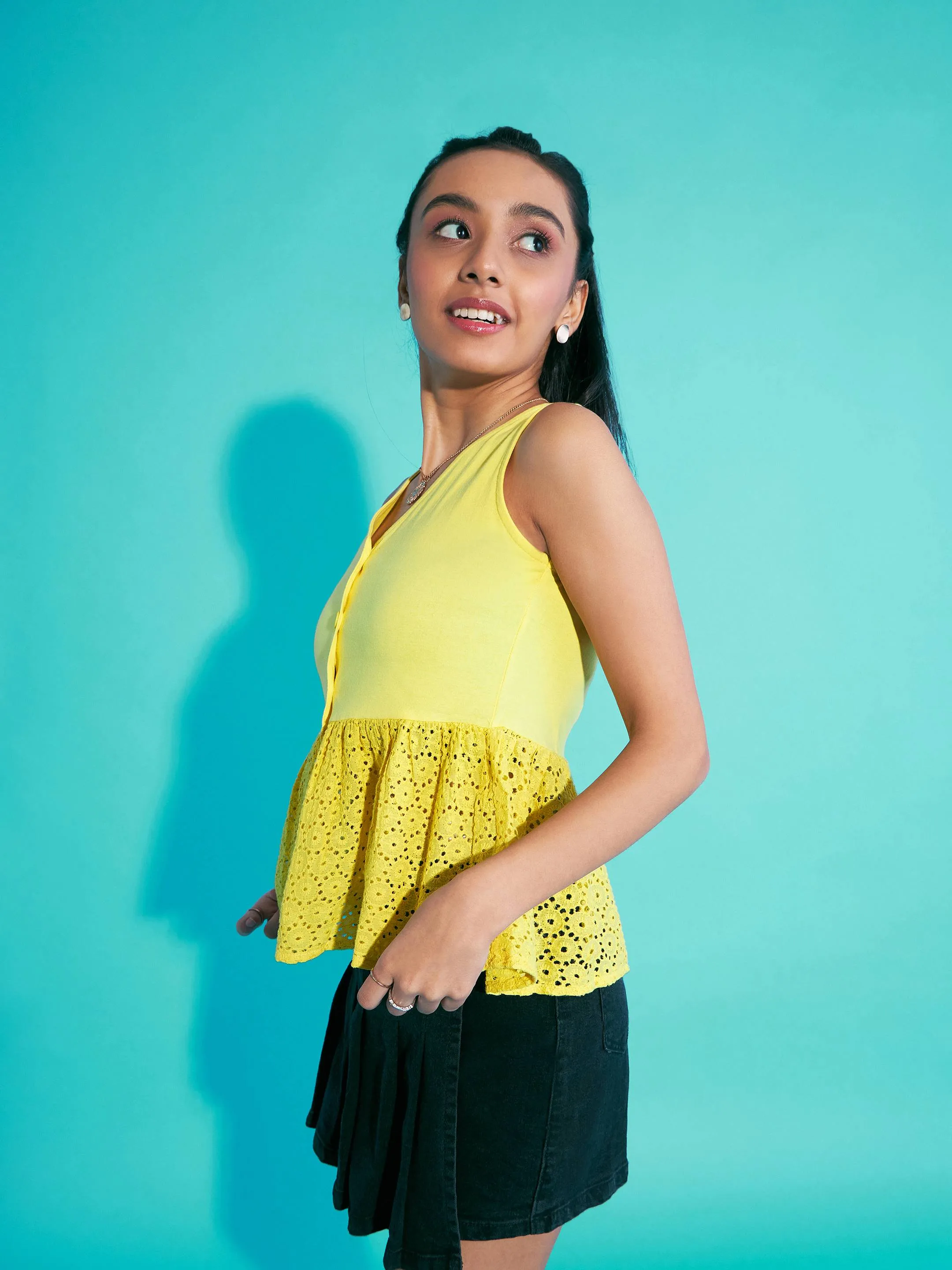 Girls Yellow Front Button Schiffli Peplum Top