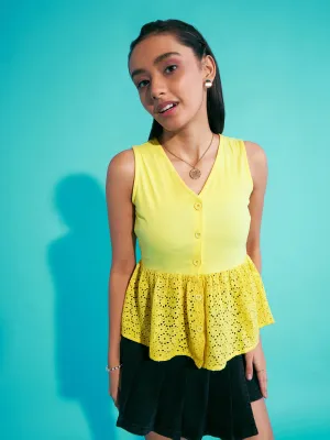 Girls Yellow Front Button Schiffli Peplum Top