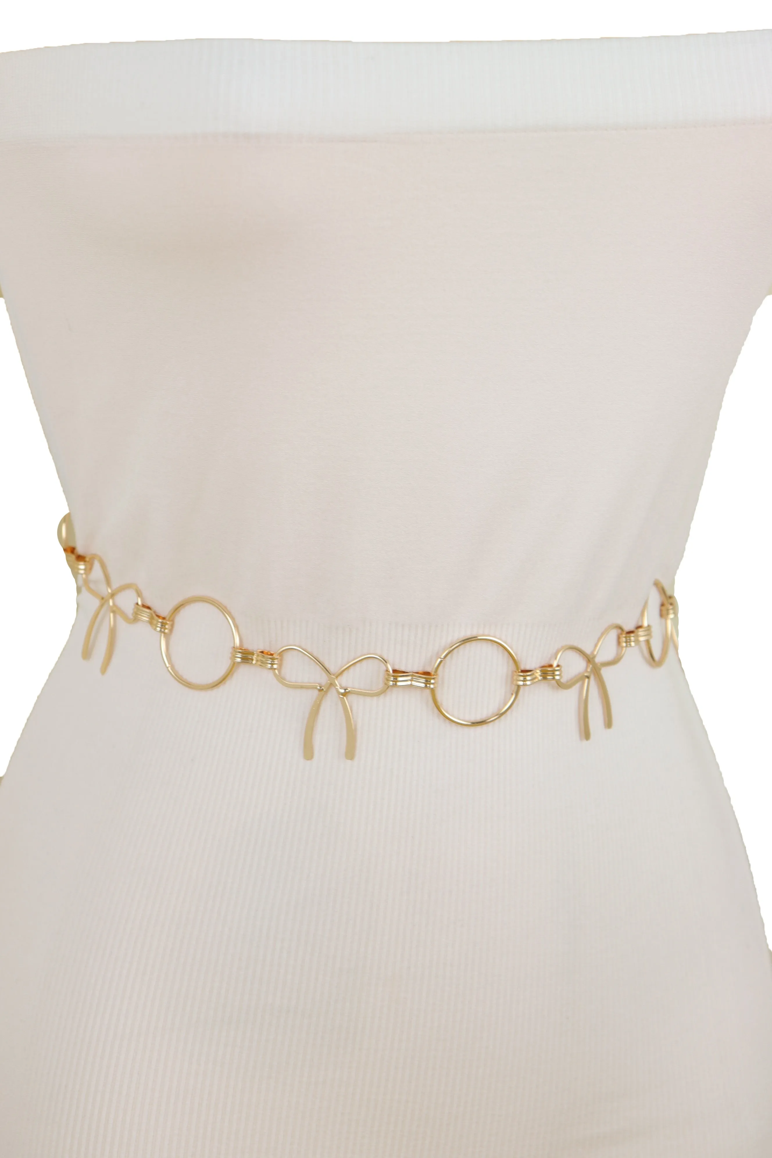 High Waist Hip Gold Metal Chain Waistband Belt Circle Bow Tie Charms S M L