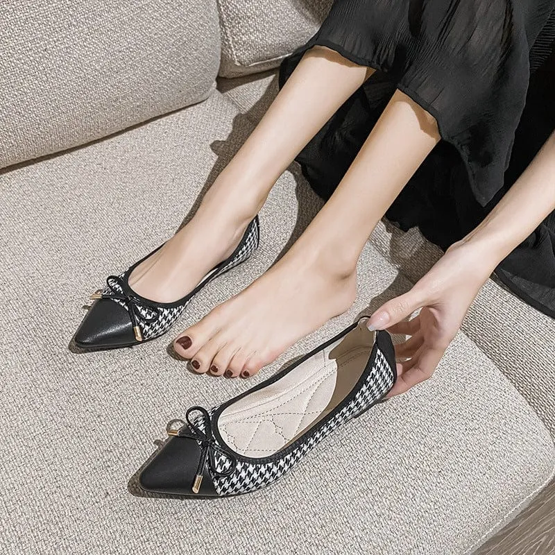 Houndstooth Pointed Toe Flats with Bow