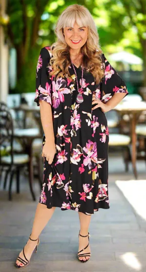 Joy Bella V-Neck Dress Pretty Petals on Black