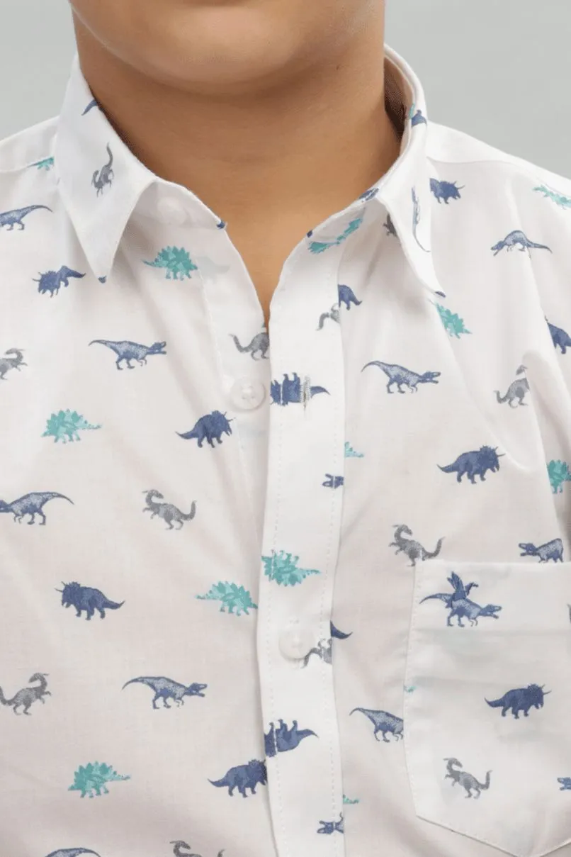 KIDS - White Dino Print - Half-Stain Proof Shirt