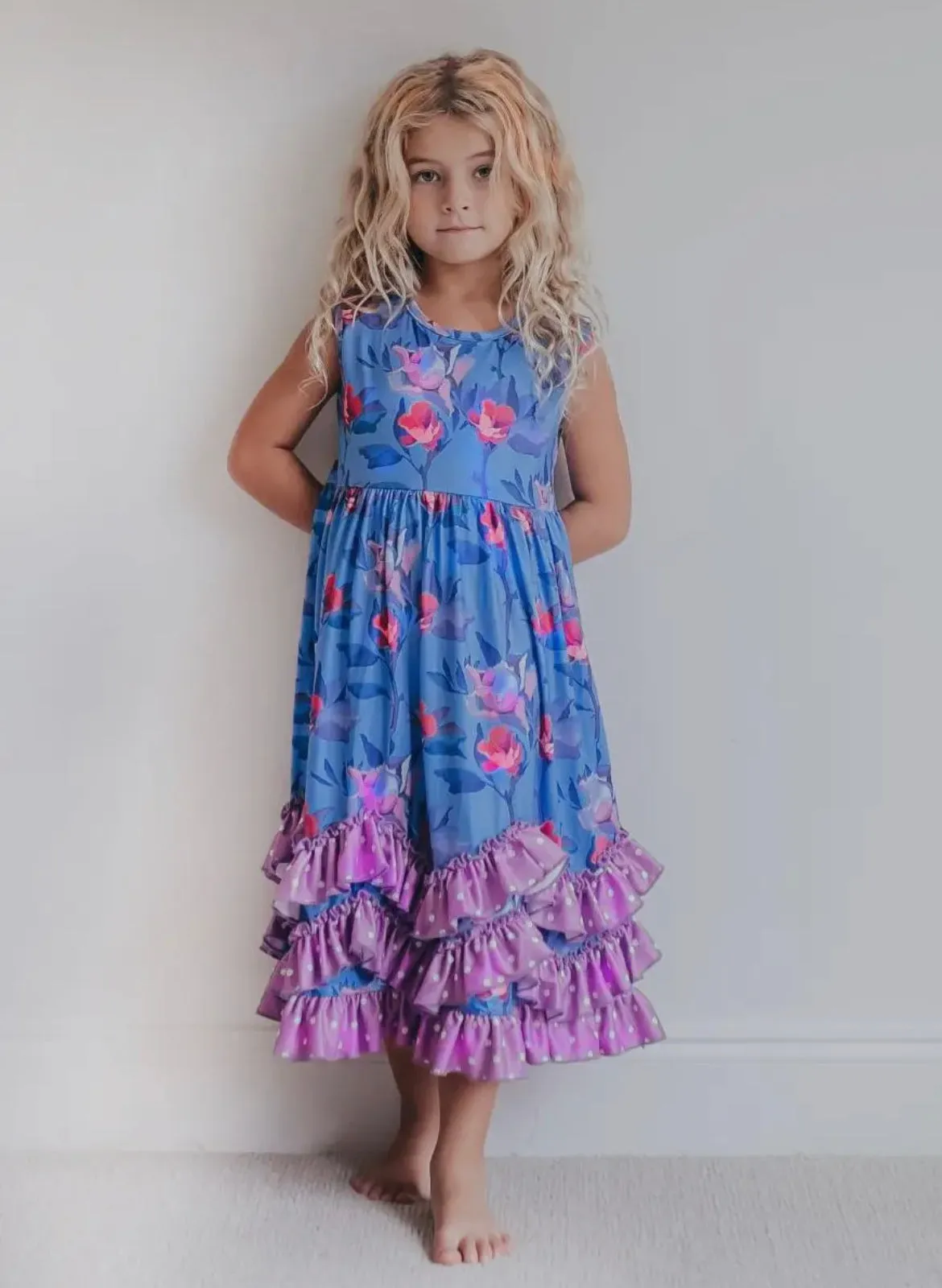 Lavender Floral 3 Ruffle Dress