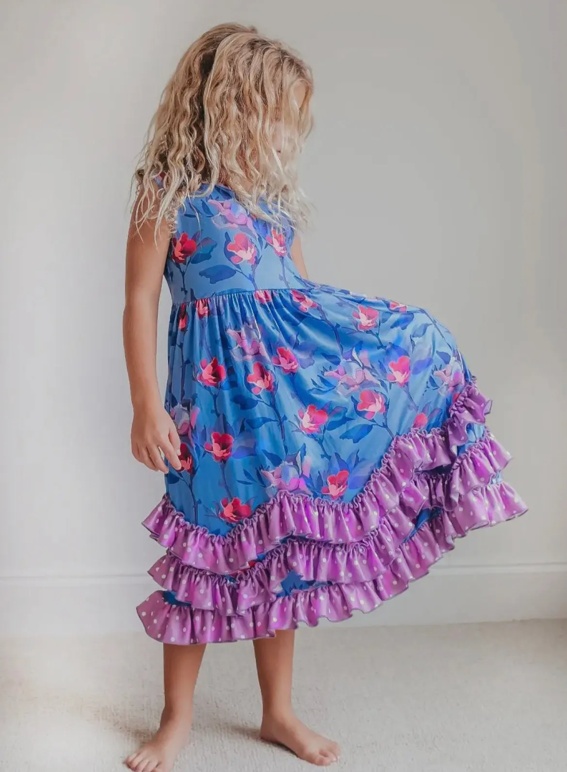 Lavender Floral 3 Ruffle Dress