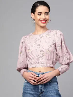 Lilac Floral Smocking Sleeve Crop Top