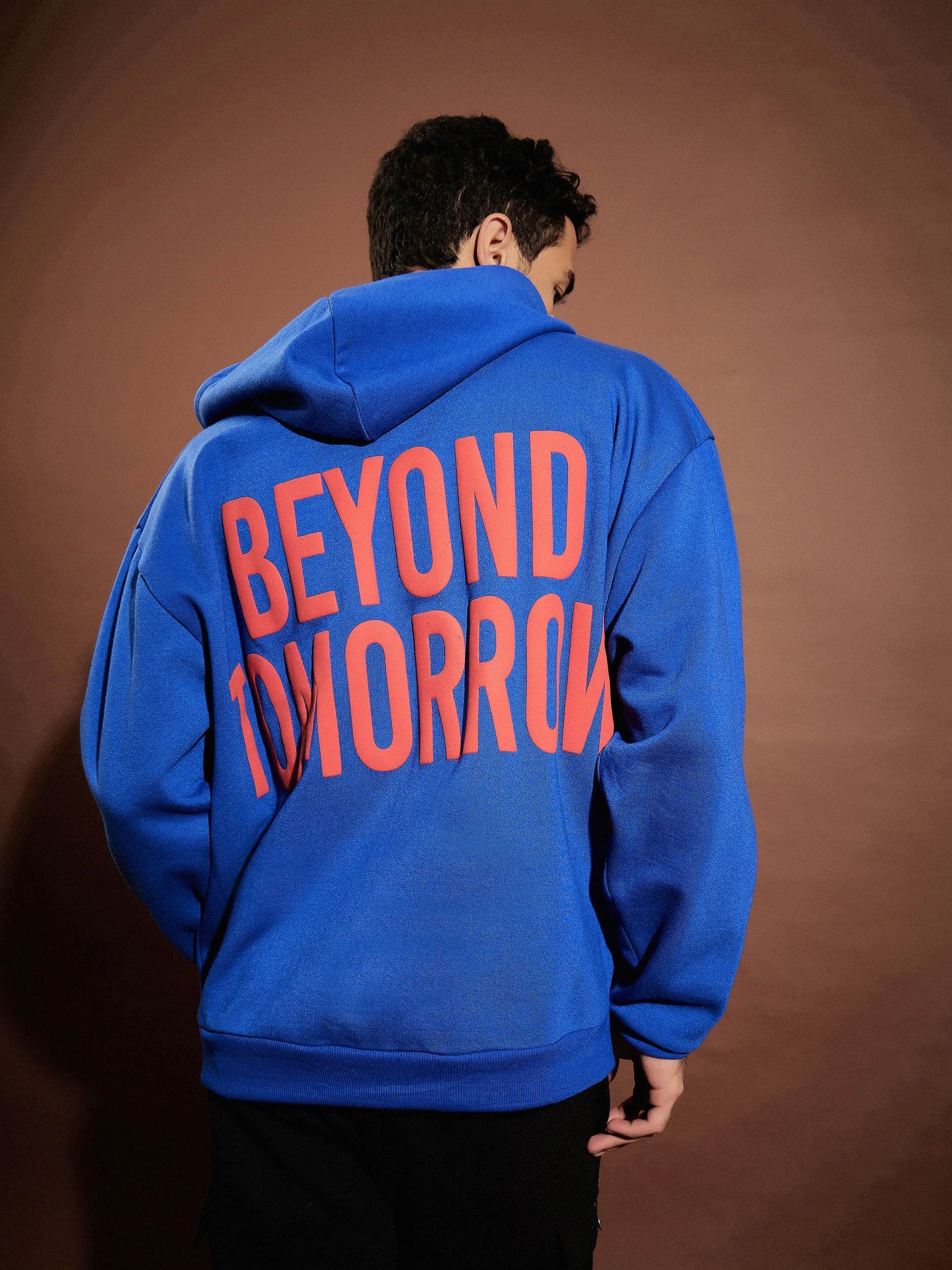 Men Blue BEYOND TOMORROW Oversized Zipper Hoodie