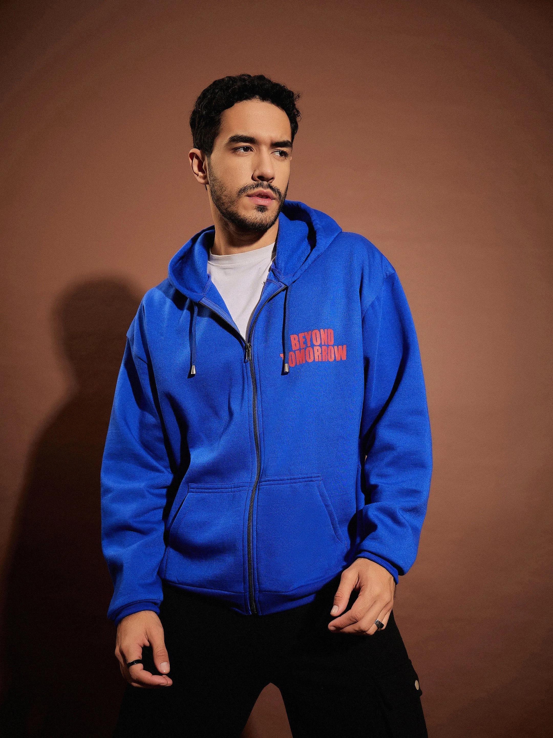 Men Blue BEYOND TOMORROW Oversized Zipper Hoodie