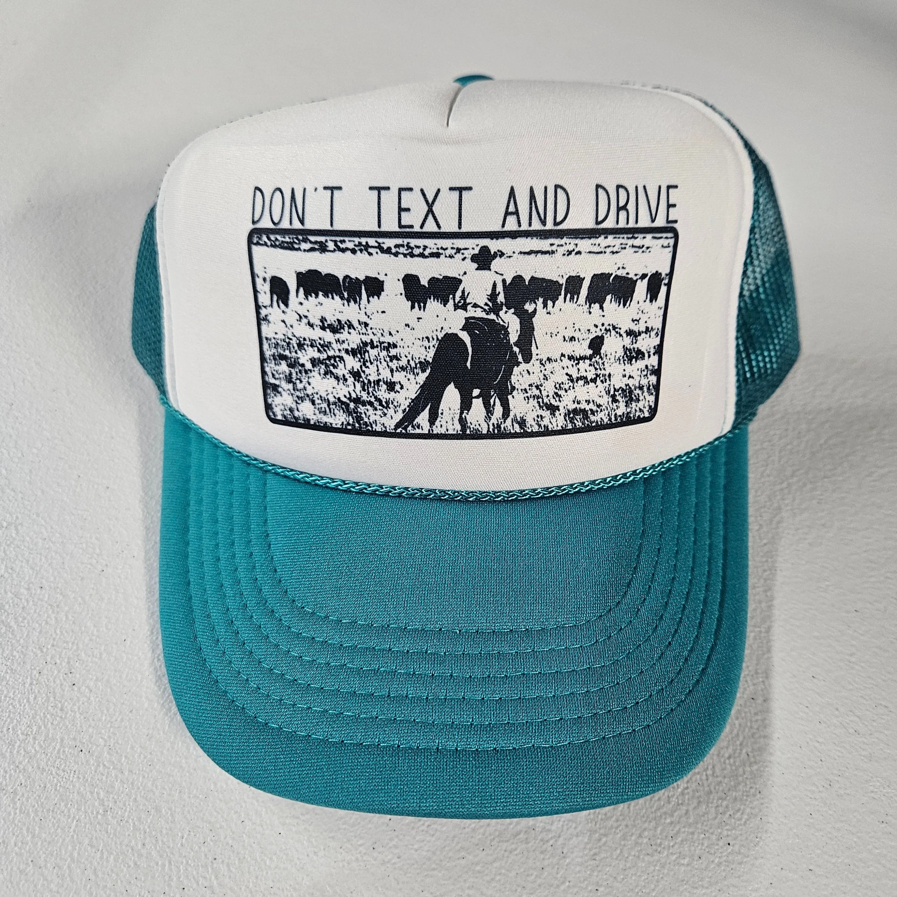 "Don't Text And Drive" Foam Rope Trucker Cap in White & Teal