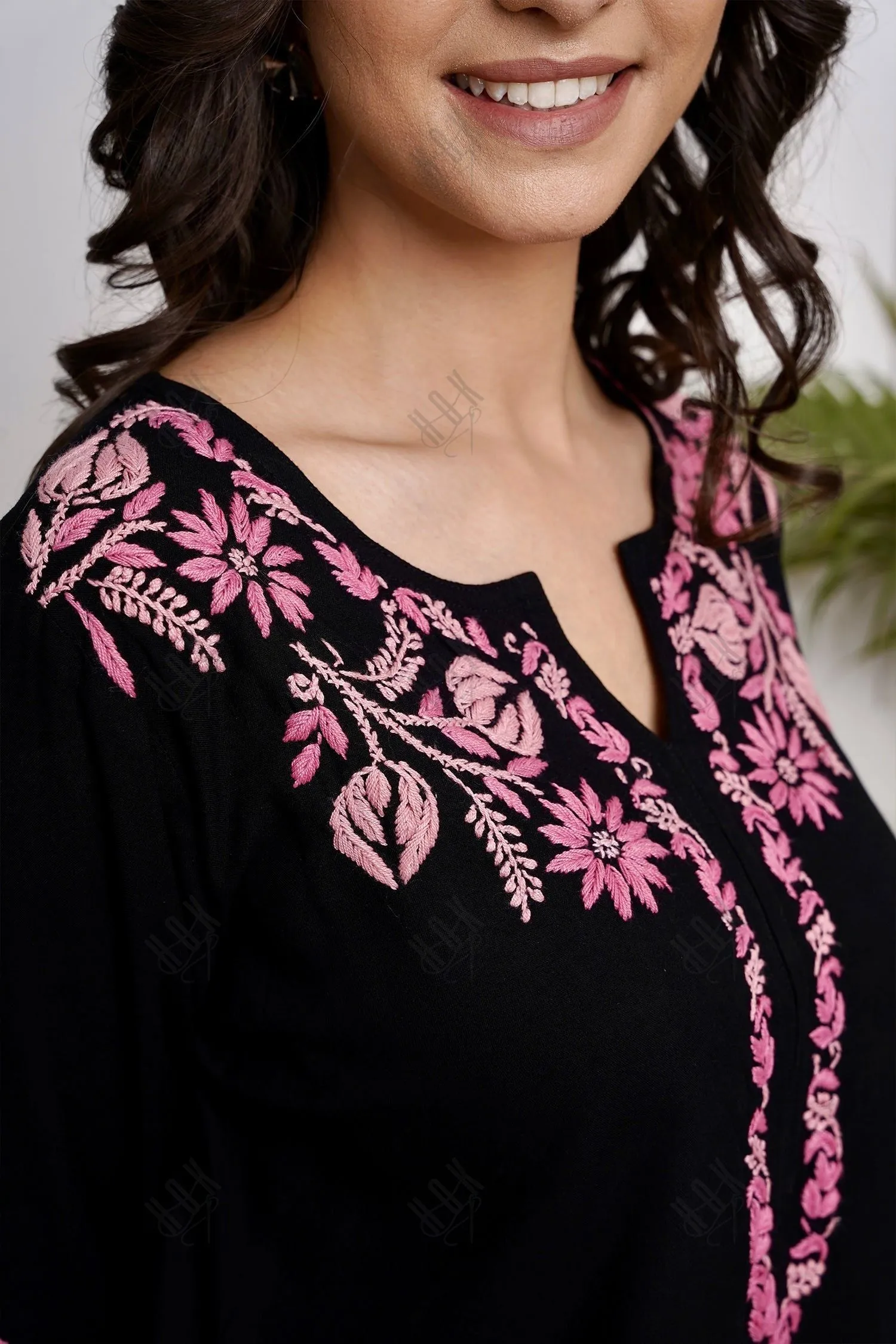 Saba Chikankari Long Kurta in Rayon Cotton - Black